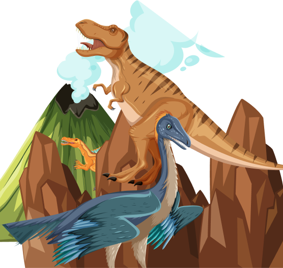Blau gefiederter Dinosaurier und ein orangener Dinosaurier im Vordergrund. Im Hintergrund rauchender Vulkan.