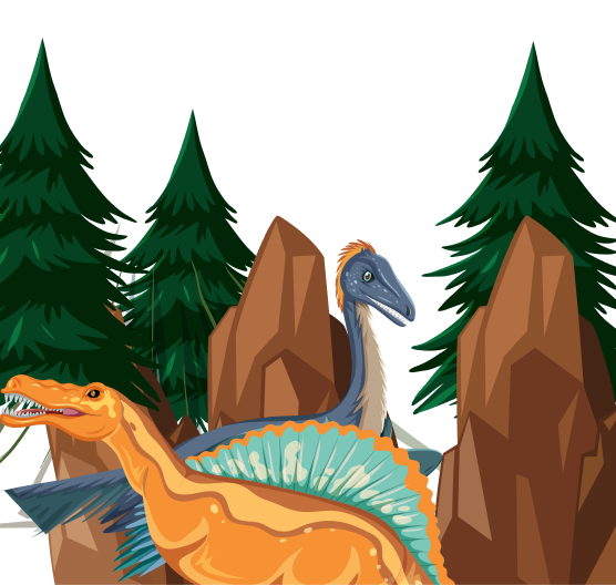 Orangener und blauer Dinosaurier im Wald