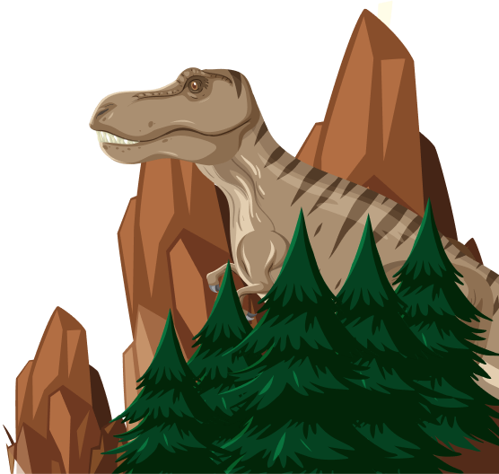 T-Rex mit einem Berg im Hintergrund und Tannen im Vordergrund