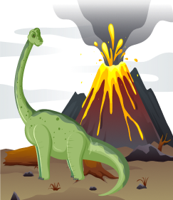 Cover-Bild für die Kategorie 'Abenteuer Regenwald'. Zu sehen ist ein großer Dinosaurier. Im Hintergrund ist ein Vulkanausbruch.