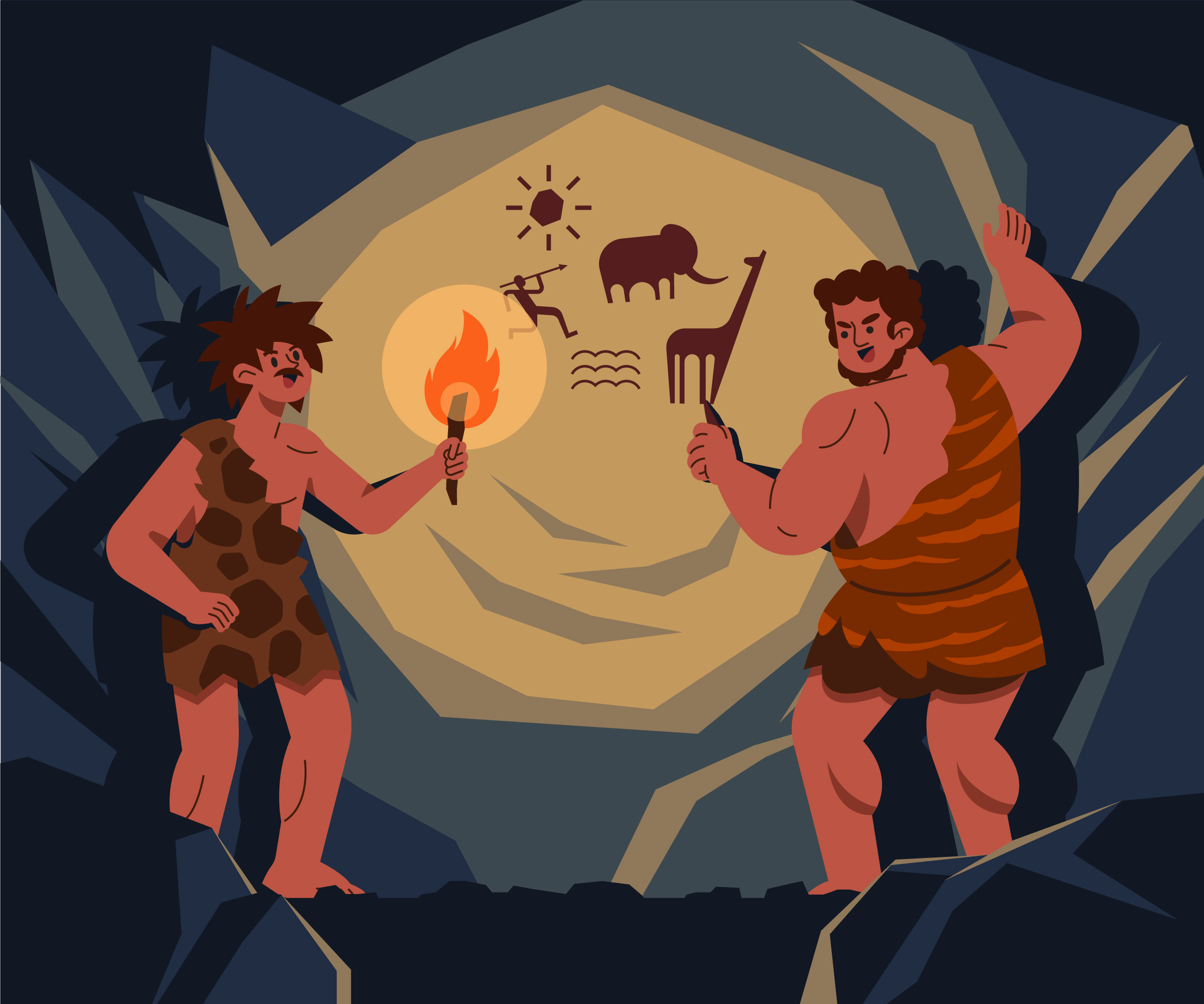Höhlenmenschen in einer Höhle, mit einer Fackel in der Hand und in Stein gemeißelte Symbole.