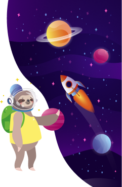 Cover-Bild für die Kategorie 'Geheimnisse des Weltraums'. Zu sehen ist ein Faultier als Astronaut und einfachen Planeten & Sternen.
