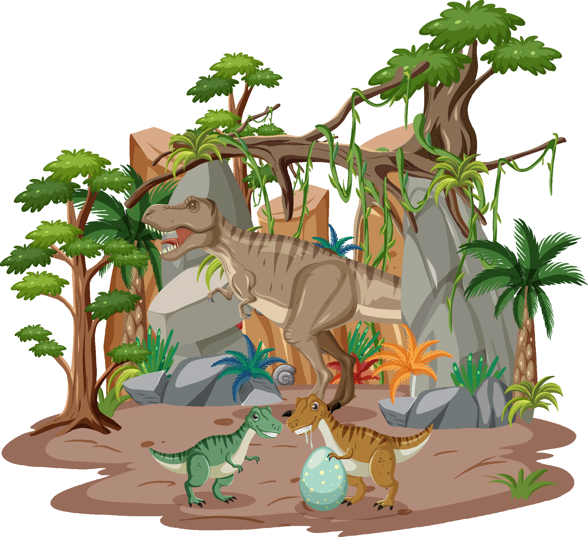 Bild vom Regenwald mit mehreren Dinosauriern.