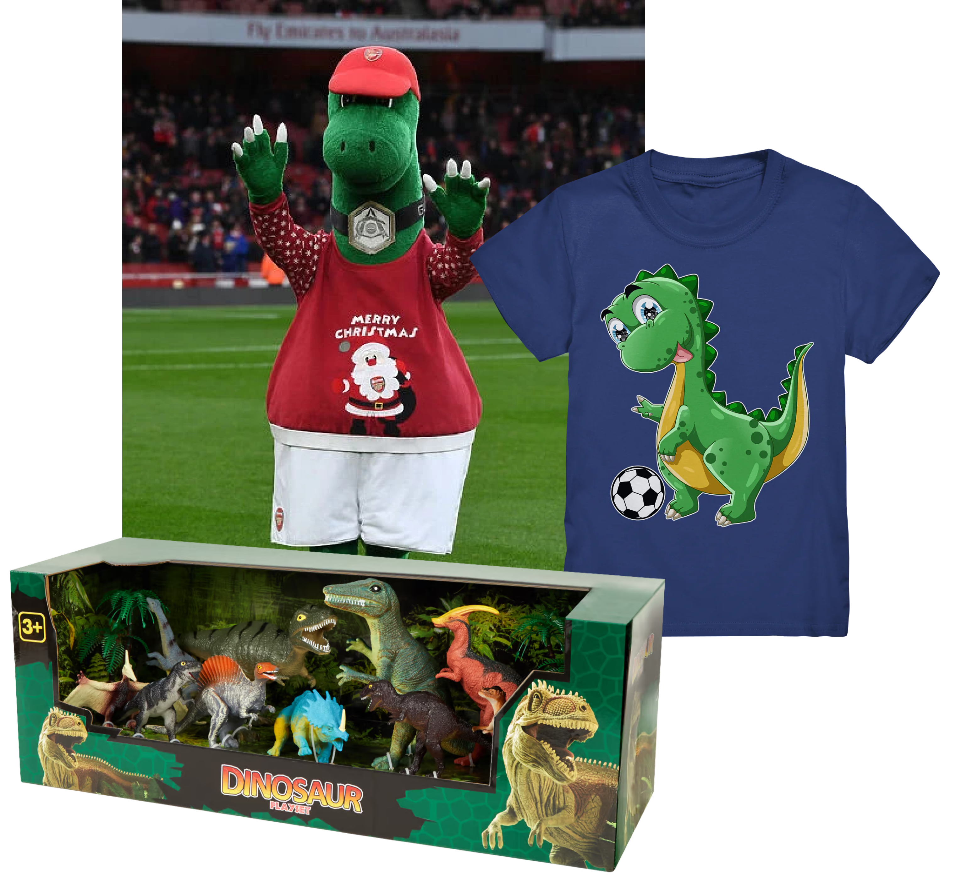 FC Arsenal Maskottchen Gunnersaurus, Dinosaurier-Spielzeug für Kinder, T-Shirt mit einem Dinosaurier-Druck.